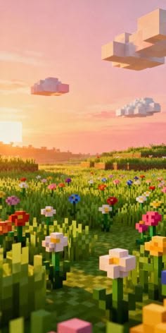 Phong cảnh Minecraft pixel với đồng hoa và hoàng hôn