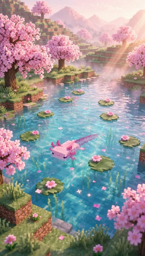 Thế giới game pastel với hoa anh đào và hồ sen lung linh