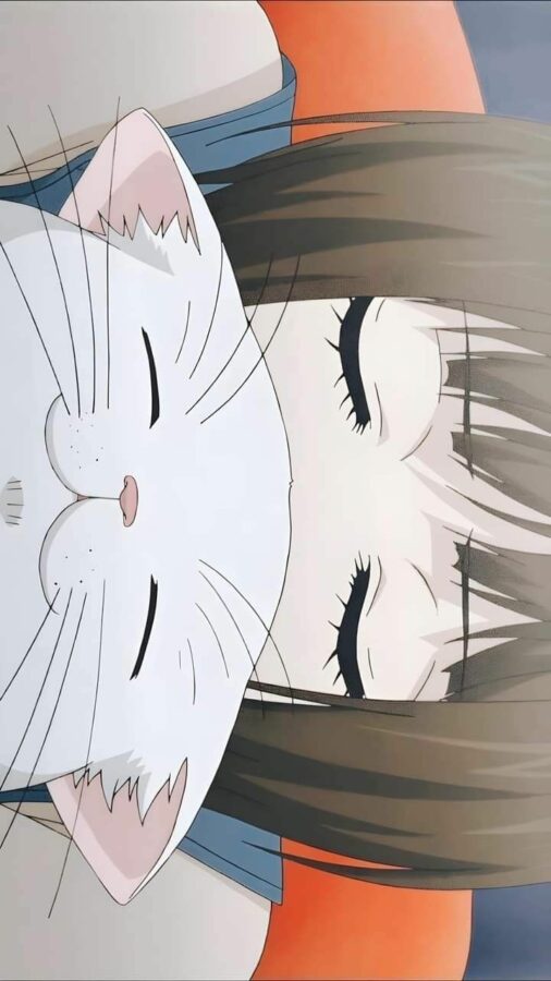Nhân vật anime ôm mèo trắng