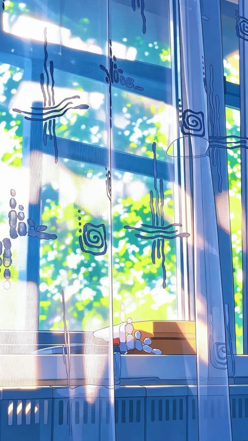 Khung cửa sổ ngập nắng trong khung cảnh anime mùa hè