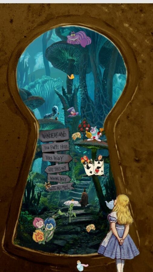 Minh họa Alice bước vào khu vườn kỳ ảo qua cánh cửa