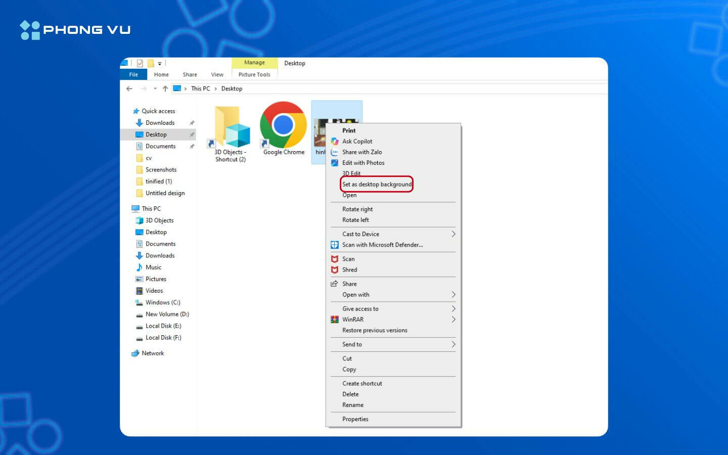 Nhấn chuột phải vào ảnh muốn cài đặt hình nền rồi chọn Set as desktop background và ngay lập tức hình nền trên máy tính của bạn sẽ thay đổi.