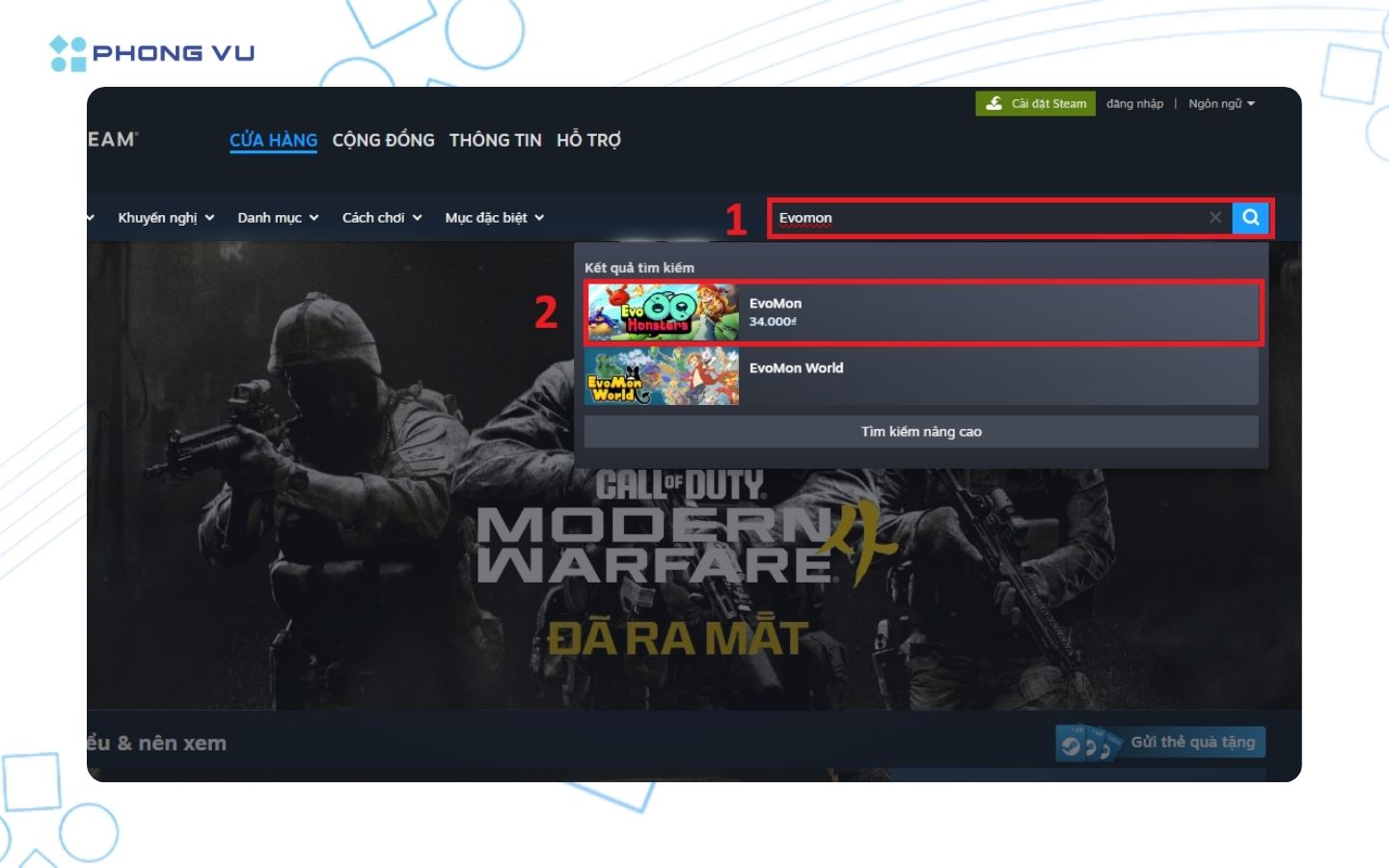 Evomon: Hướng dẫn tải và chơi game Evomon cho người mới 3 Tìm kiếm EvoMon trên Steam và truy cập đúng trang trò chơi trước khi mua