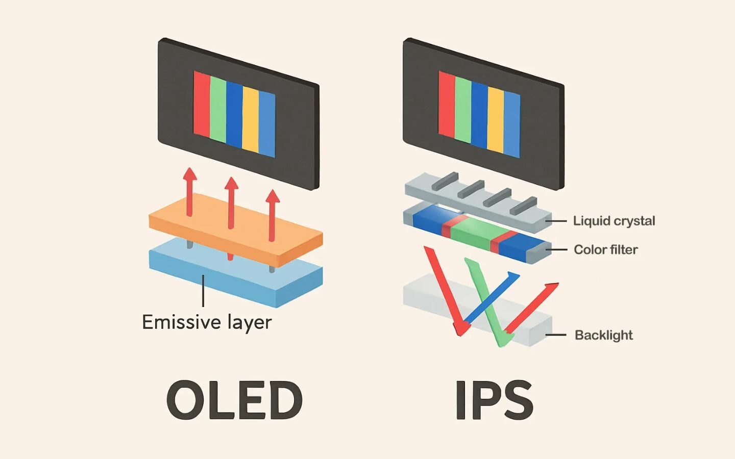 Màn hình OLED và IPS: Ưu nhược điểm và cách chọn màn hình 1 Khác biệt cơ bản trong cơ chế phát sáng của màn hình OLED và IPS