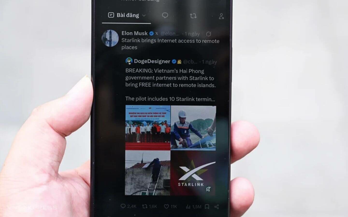 Bài chia sẻ của Elon Musk với dòng trạng thái “Starlink brings Internet access to remote places" đã nhanh chóng thu hút hơn 1.6 triệu lượt xem và 11 nghìn lượt yêu thích. 