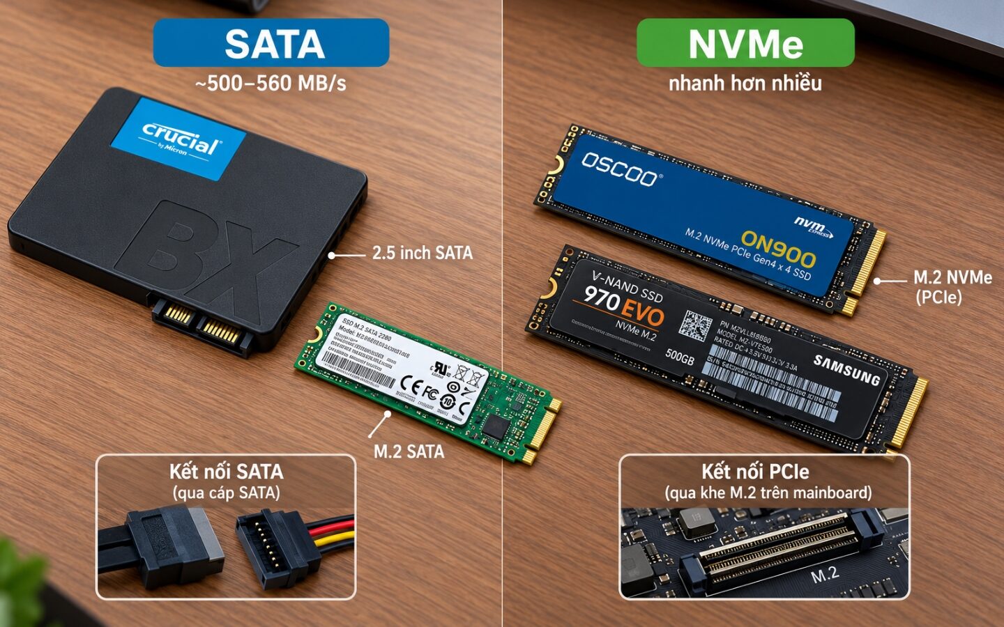 So sánh ổ cứng SSD M.2 SATA và SSD M.2 NVMe (Nguồn: Internet)