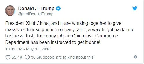 " Tôi và Chủ tịch Trung Quốc Tập Cận Bình đang cùng nỗ lực để đảm bảo việc trở lại thị trường của công ty điện thoại ZTE của Trung Quốc. Đã có rất nhiều người mất việc làm ở Trung Quốc. Phòng Thương Mại Hoa Kỳ đã được chỉ đạo thực thi công việc này.