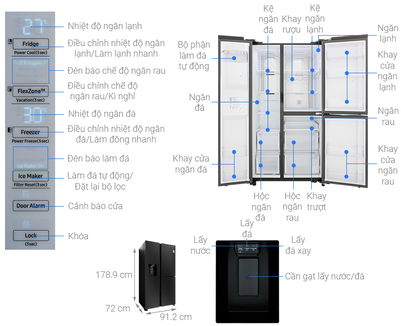 kích thước Tủ lạnh side by side Samsung Inverter 650 lít RS65R5691B4/SV