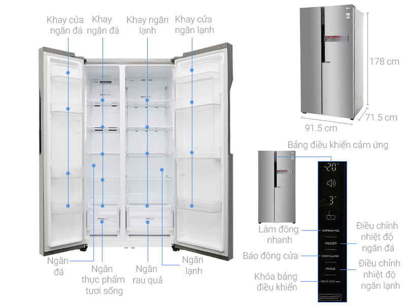 Kích thước tủ lạnh side by side GR-B247JDS: