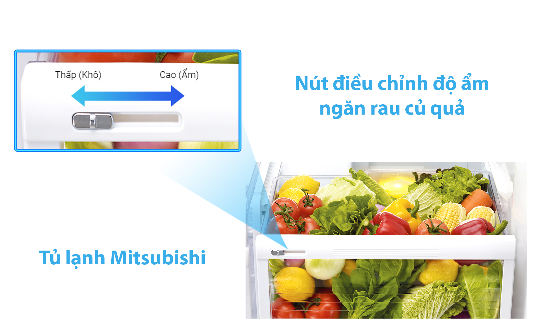 Điều chỉnh nút giữ ẩm ngăn rau củ quả của tủ lạnh Mitsubishi