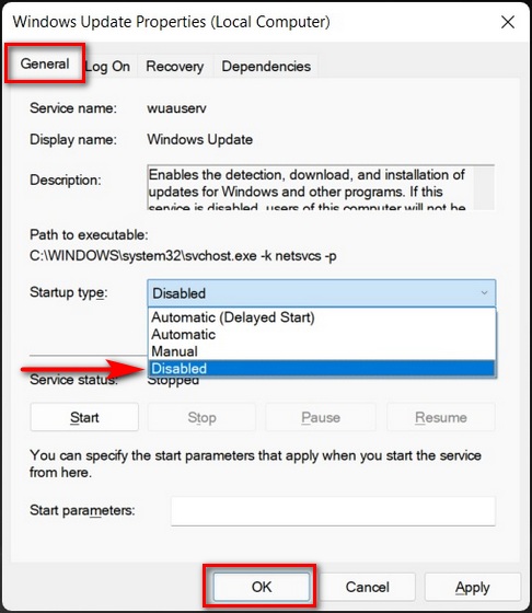 Vô hiệu hóa dịch vụ cập nhật Windows 11