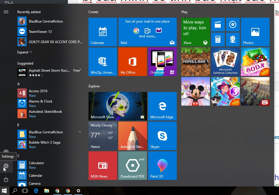Bật settings trên start menu