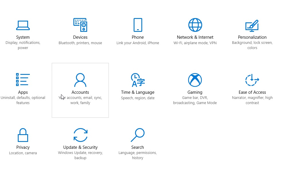 Chọn mục Accounts