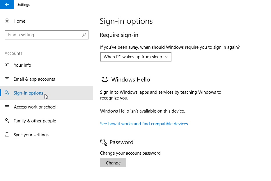 Ấn change để đổi password cho laptop windows 10